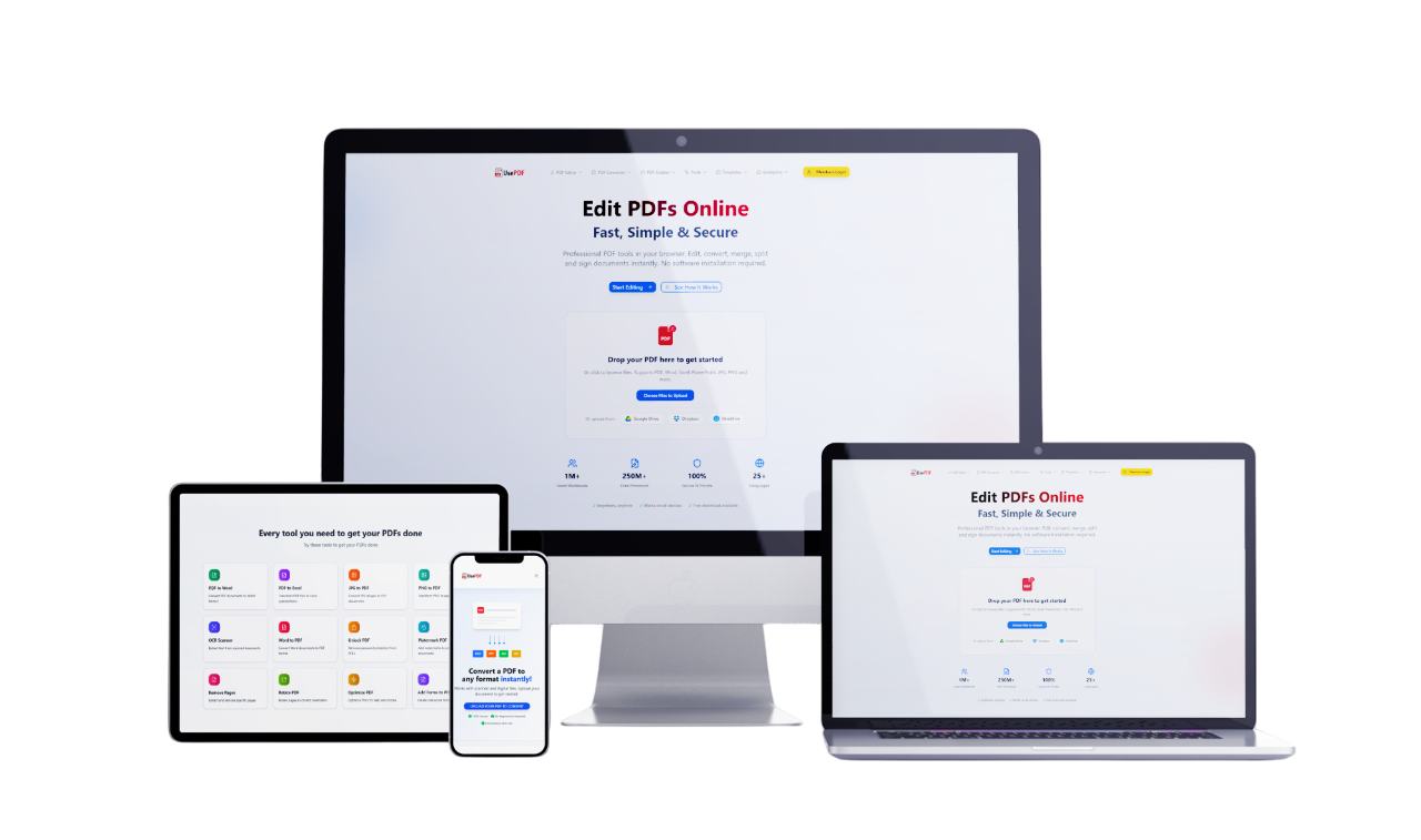 UsePDF multi-device interface showing desktop, laptop, tablet and mobile versions